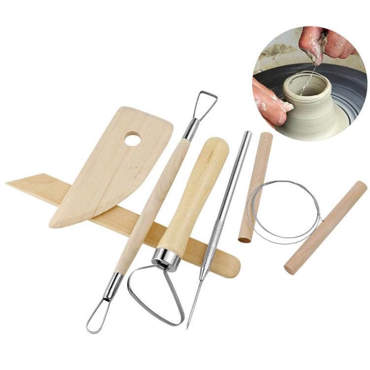 8pcs /Set Wooden Pottery Clay Carving Tools DIY Clay Tools Set - Original Wooden Color