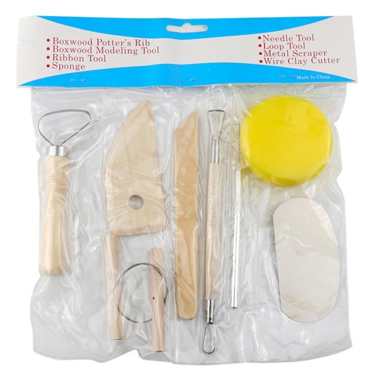 8pcs /Set Wooden Pottery Clay Carving Tools DIY Clay Tools Set - Original Wooden Color
