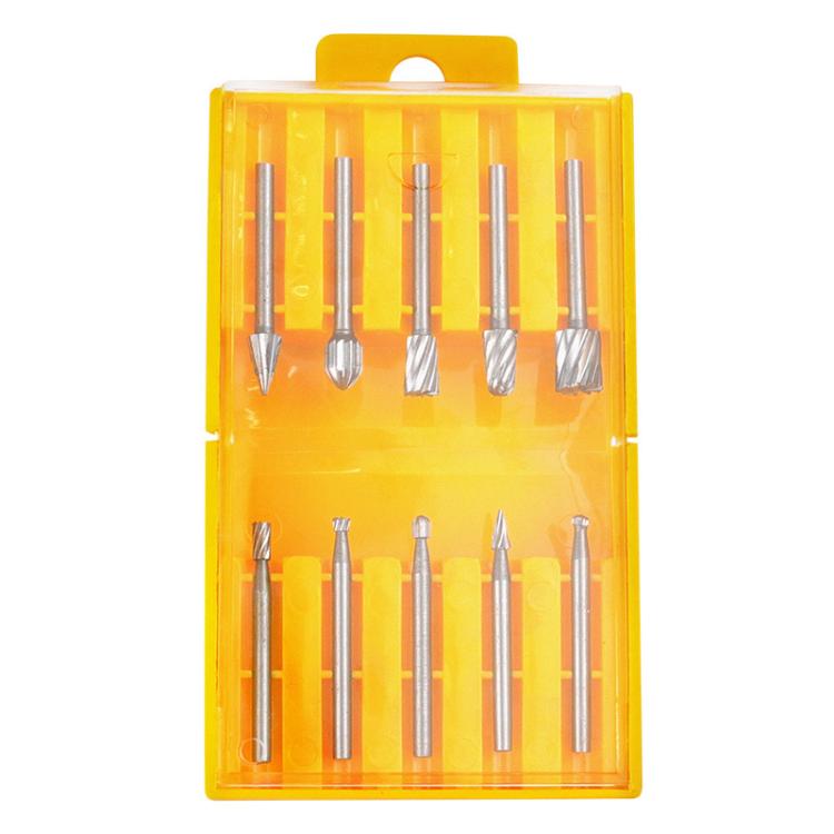 10pcs /Box HSS Rotary File Woodworking Tools Root Carving File - Silver Yellow Box