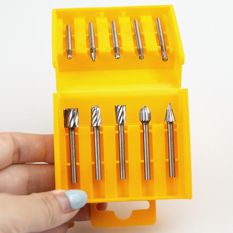 10pcs /Box HSS Rotary File Woodworking Tools Root Carving File - Silver Yellow Box