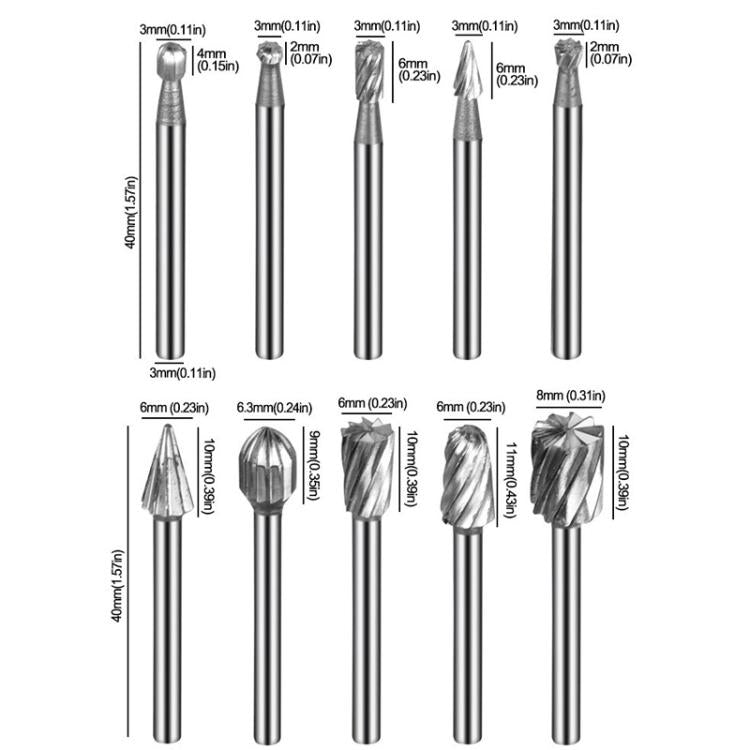 10pcs /Box HSS Rotary File Woodworking Tools Root Carving File - Silver Yellow Box