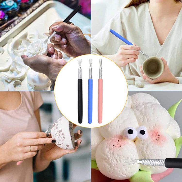 3pcs Soft Pottery Clay Modeling Sculpting Tools Clay Texture Brush DIY Making Aids - Blue+Pink+Black