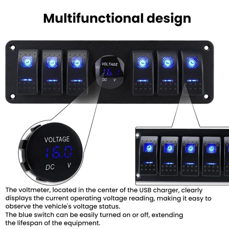 Waterproof Switch Panel For Vehicles And Ships With Digital Voltage Display - Blue
