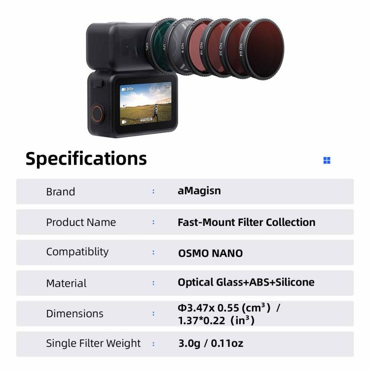 For DJI Osmo Nano aMagisn Quick-Change Snap-On Filter ND8+ND16+ND32+CPL