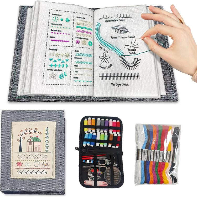 DIY Embroidery Stitch Book with 10 Pages for Hand Sewing and Linen Craft Enthusiasts, Spec: Needle and Thread Combo