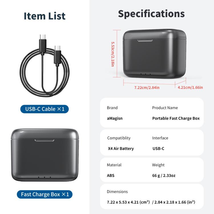 For Insta360 X4 Air AMagisn Fast Charging Case Portable Battery Charger And Storage Box - Black