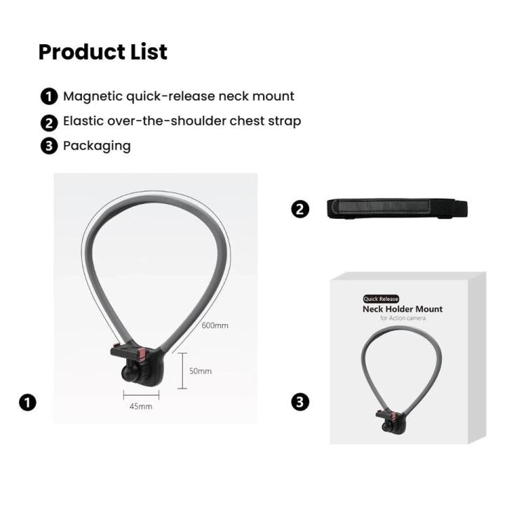 Magnetic Quick-Release Neck Mount For DJI Osmo 360 / Action 5 Pro/ 4 / 3 with 360-Degree Rotating Ball Head & Chest Strap - Black