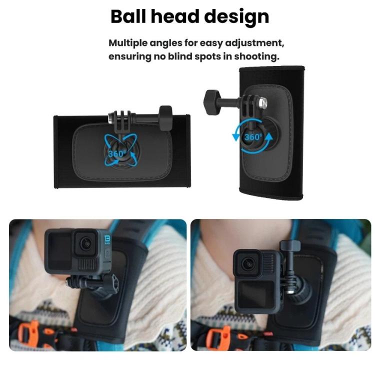 Universal Shoulder Strap Mount For Action Cameras With 360-Degree Rotating Ball Head Hands-Free POV Shooting - Black
