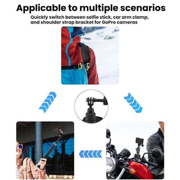 Universal Shoulder Strap Mount For Action Cameras With 360-Degree Rotating Ball Head Hands-Free POV Shooting - Black