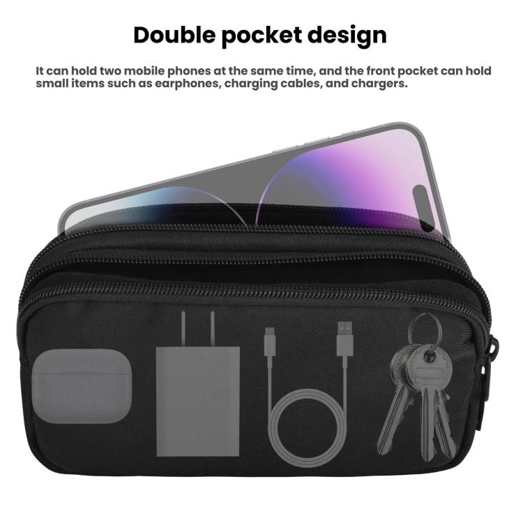 Double Phone Waist Bag 2-Cellphone Fanny Pack For Hiking Running Travel - Black