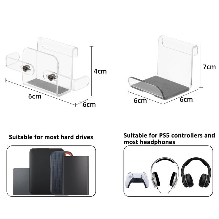 For PS5 Console Acrylic Overhead Hanger Dual Hook for Controller, Headset, and Hard Drive Storage - Clear