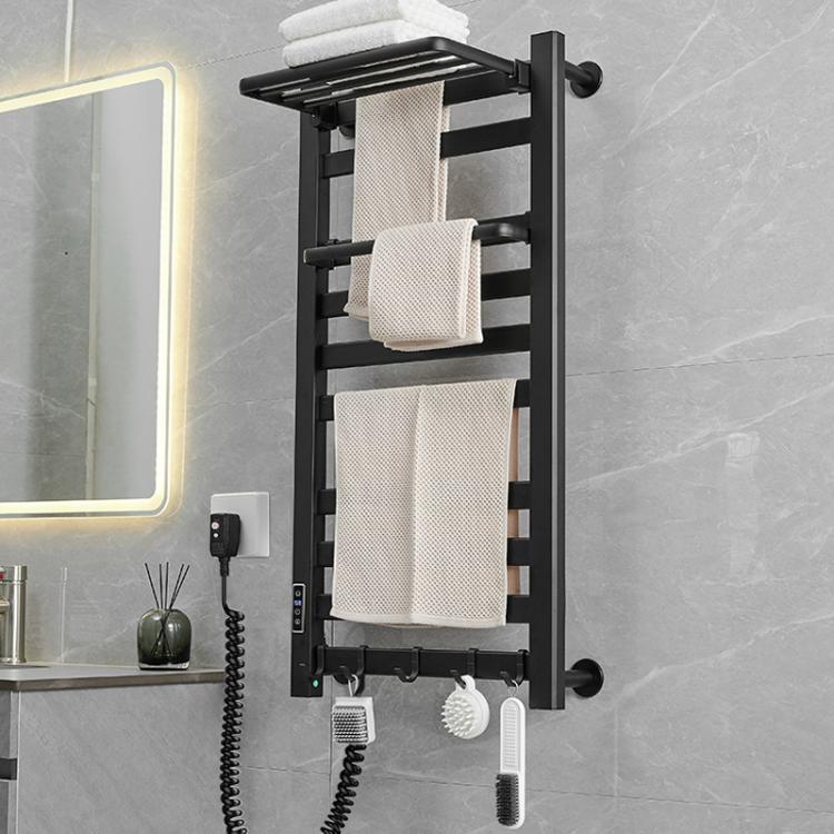 Smart Touchscreen Display Electric Heated Towel Rack Bathroom Drying Rack, Size: Large Black Left Wiring