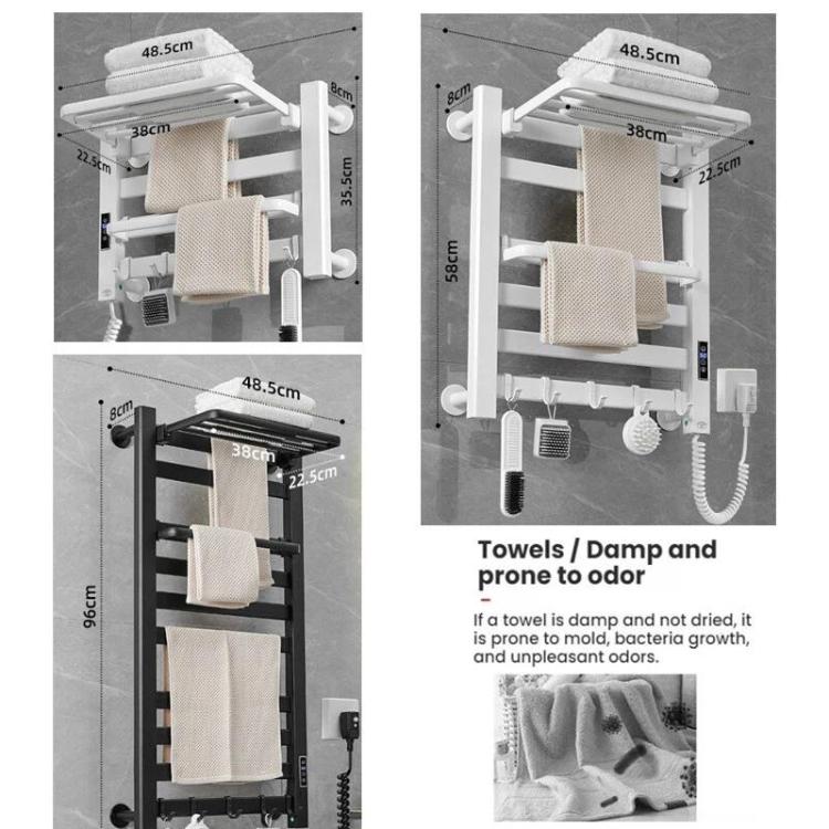 Smart Touchscreen Display Electric Heated Towel Rack Bathroom Drying Rack, Size: Large Black Left Wiring