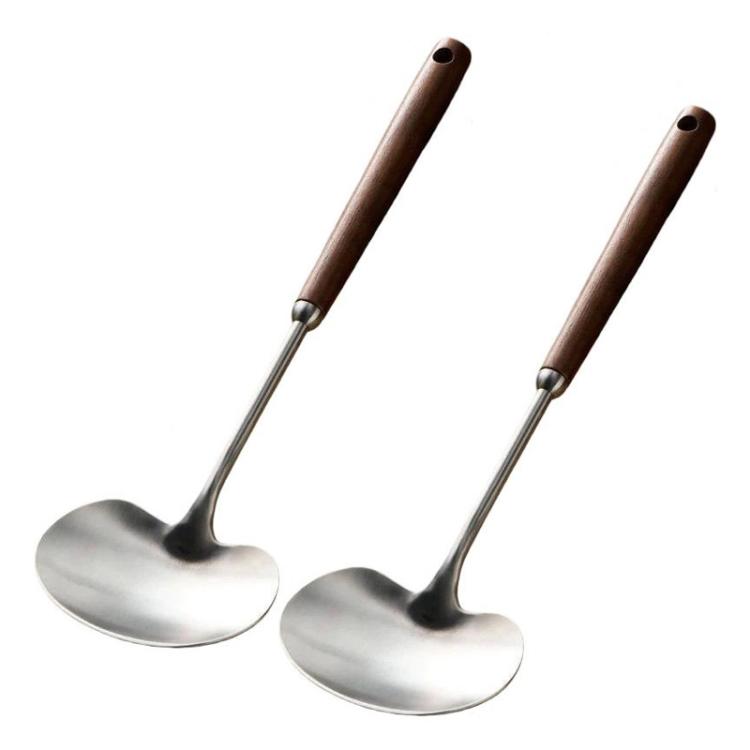 2pcs Solid Wood Long Handle Wok Spoon & Ladle Household Kitchen Shovel, Spec: Large