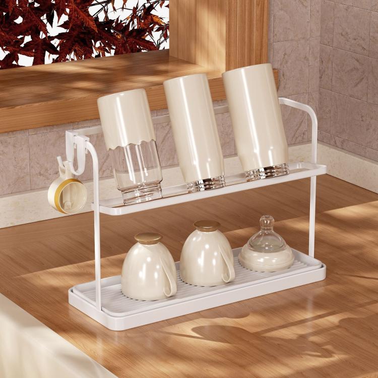 Double Tier Cup Rack With Removable Drip Tray Hanging Organizer For Coffee Mugs, Tea Cups, Thermos, And Glassware - White