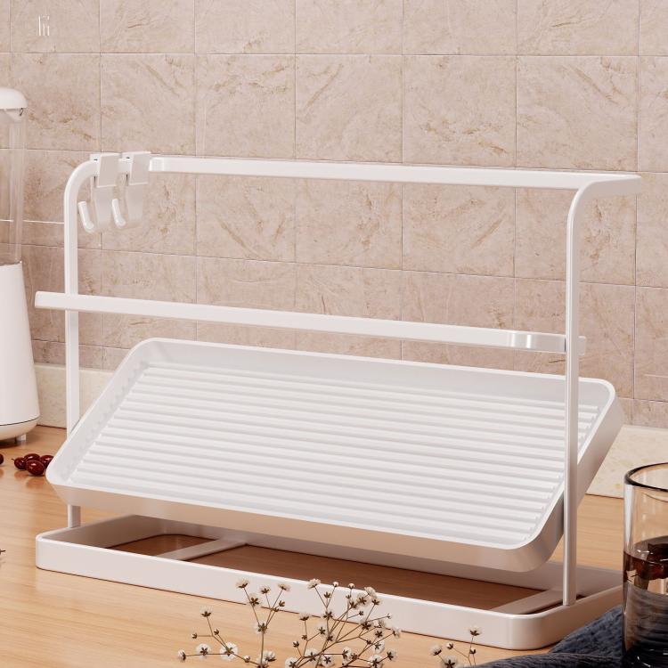 Double Tier Cup Rack With Removable Drip Tray Hanging Organizer For Coffee Mugs, Tea Cups, Thermos, And Glassware - White