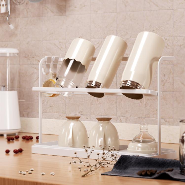 Double Tier Cup Rack With Removable Drip Tray Hanging Organizer For Coffee Mugs, Tea Cups, Thermos, And Glassware - White