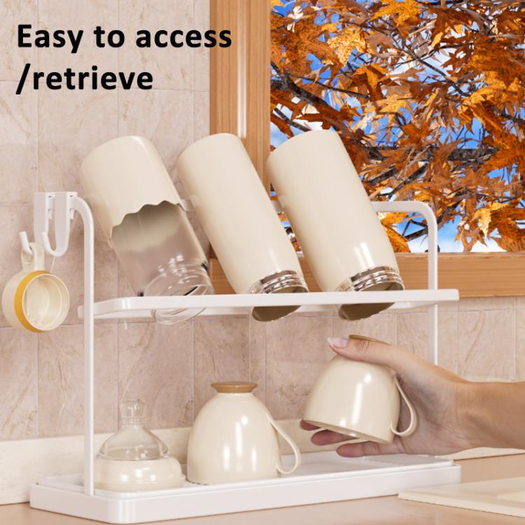Double Tier Cup Rack With Removable Drip Tray Hanging Organizer For Coffee Mugs, Tea Cups, Thermos, And Glassware - White