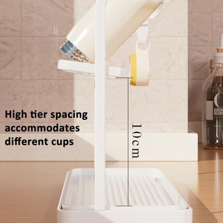 Double Tier Cup Rack With Removable Drip Tray Hanging Organizer For Coffee Mugs, Tea Cups, Thermos, And Glassware - White