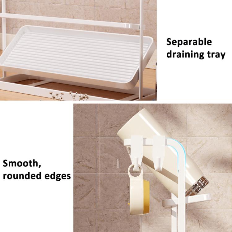 Double Tier Cup Rack With Removable Drip Tray Hanging Organizer For Coffee Mugs, Tea Cups, Thermos, And Glassware - White