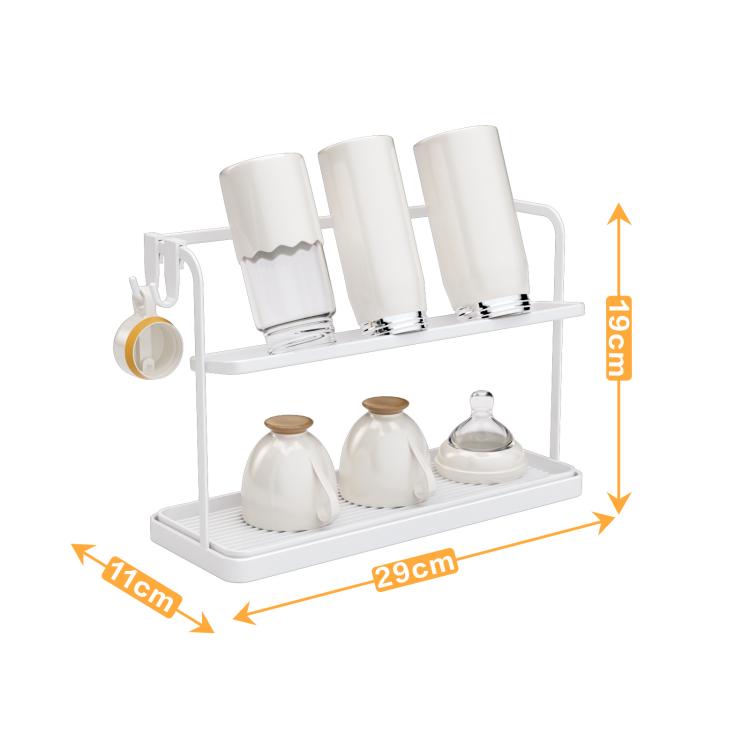 Double Tier Cup Rack With Removable Drip Tray Hanging Organizer For Coffee Mugs, Tea Cups, Thermos, And Glassware - White
