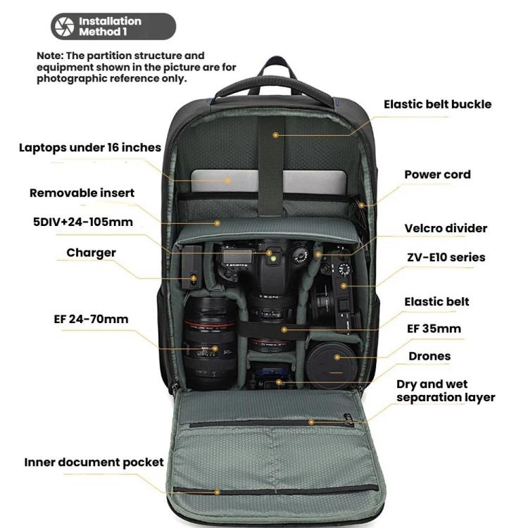 QISEMIAN Photography Backpack with Removable Insert, Dry-Wet Separation Zone, Customizable Dividers for Cameras & 16-Inch Laptop - Black