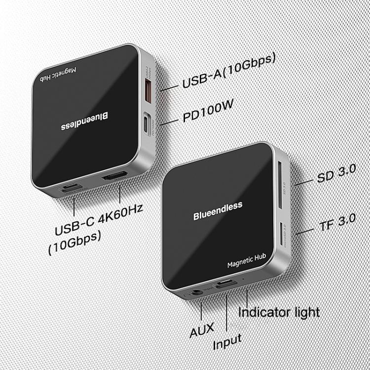 Blueendless MC810 8 Ports Magnetic Type-C Dock HUB 4K 60Hz HD USB3.2 Splitter Phone Tablet Adapter