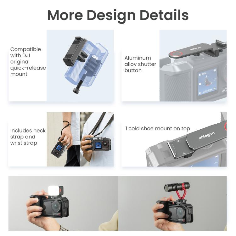 aMagisn Street Photography Handle Grip for DJI Action 5 Pro/Action 4/Action 3, Compatible with Original Camera Cage, Spec: Metal Gray