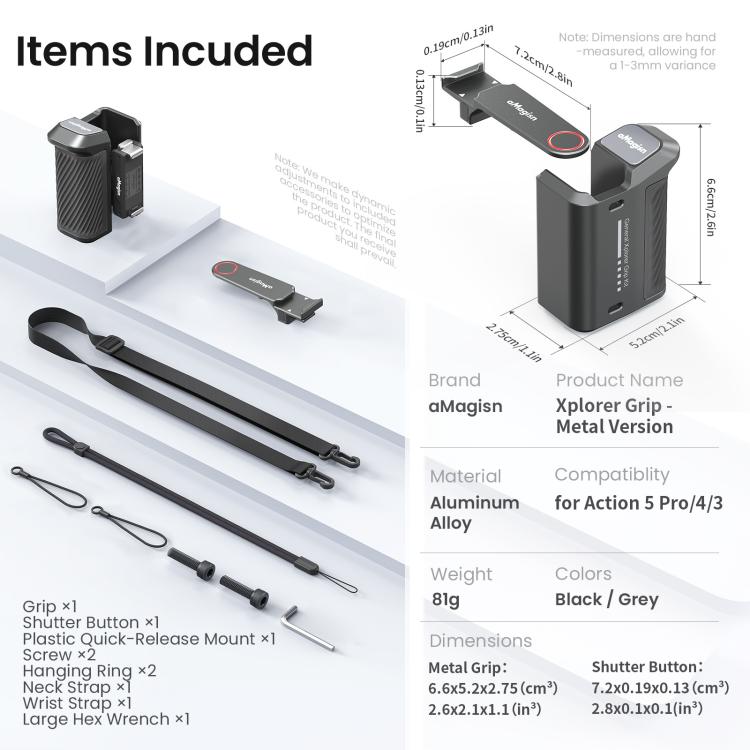 aMagisn Street Photography Handle Grip for DJI Action 5 Pro/Action 4/Action 3, Compatible with Original Camera Cage, Spec: Metal Black