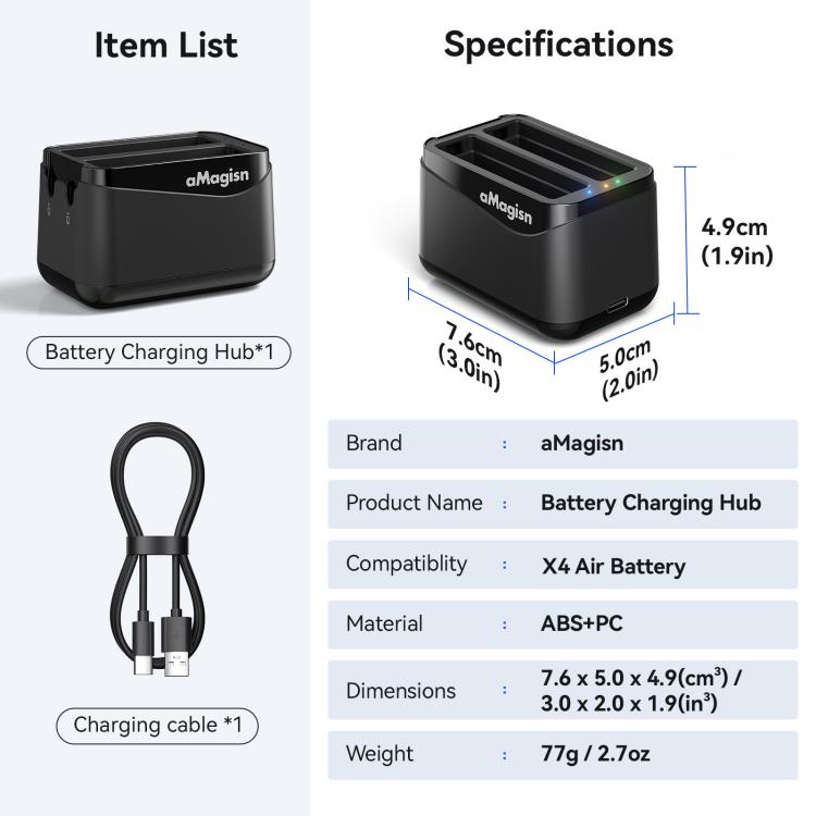 For Insta360 X4 Air AMagisn Dual Battery Charging Dock Rapid Fast Charger Station For 2 Batteries Simultaneously With LED Indicator - Black