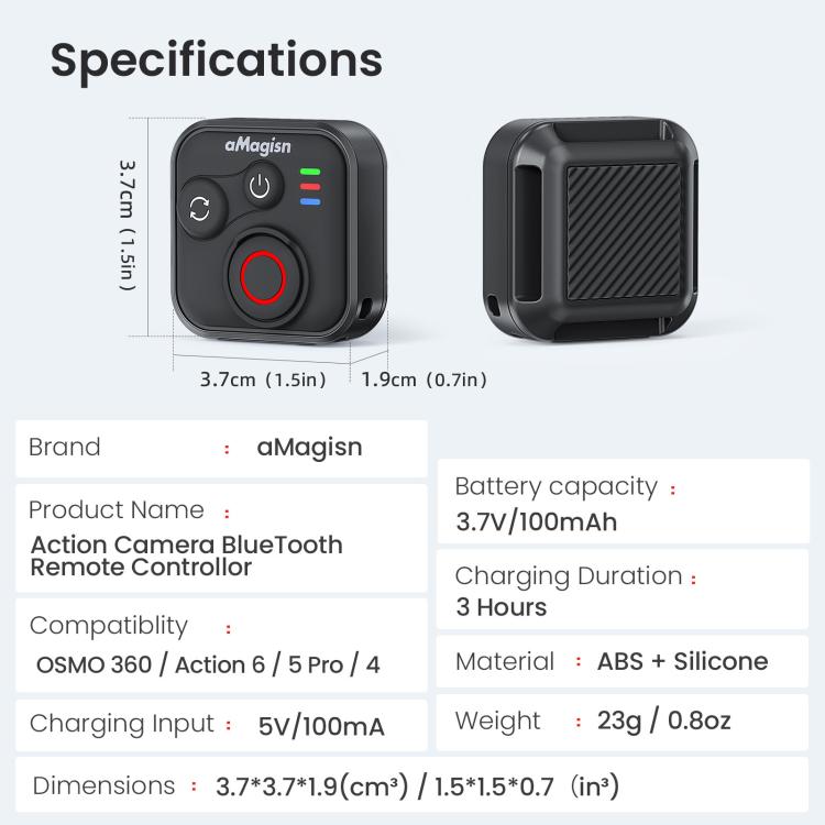 aMagisn Bluetooth Remote Shutter for DJI Osmo Action 6/Action 5 Pro/Action 4/Osmo 360 - Black