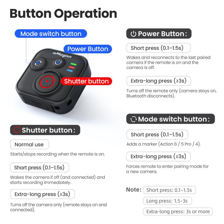 aMagisn Bluetooth Remote Shutter for DJI Osmo Action 6/Action 5 Pro/Action 4/Osmo 360 - Black