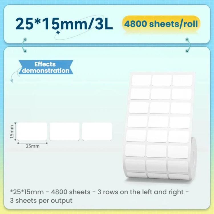 For NIIMBOT K3/K3W Thermal Label Paper, Size: T25x15mm/3L-4800pcs