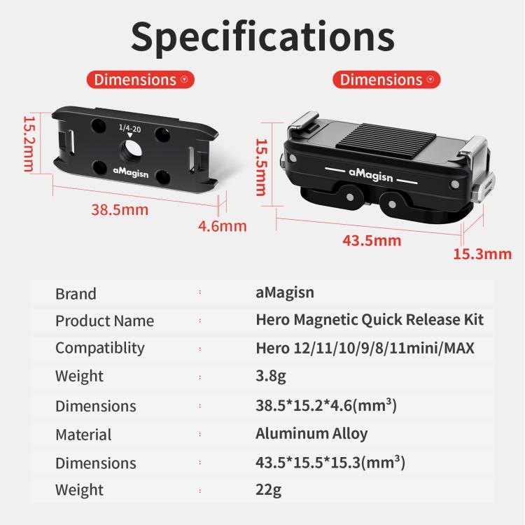 aMagisn Metal Magnetic Quick Release Kit For GoPro HERO12 Black /11 Black /11 Black mini /10 Black /9 Black /8 Black / Max - Black