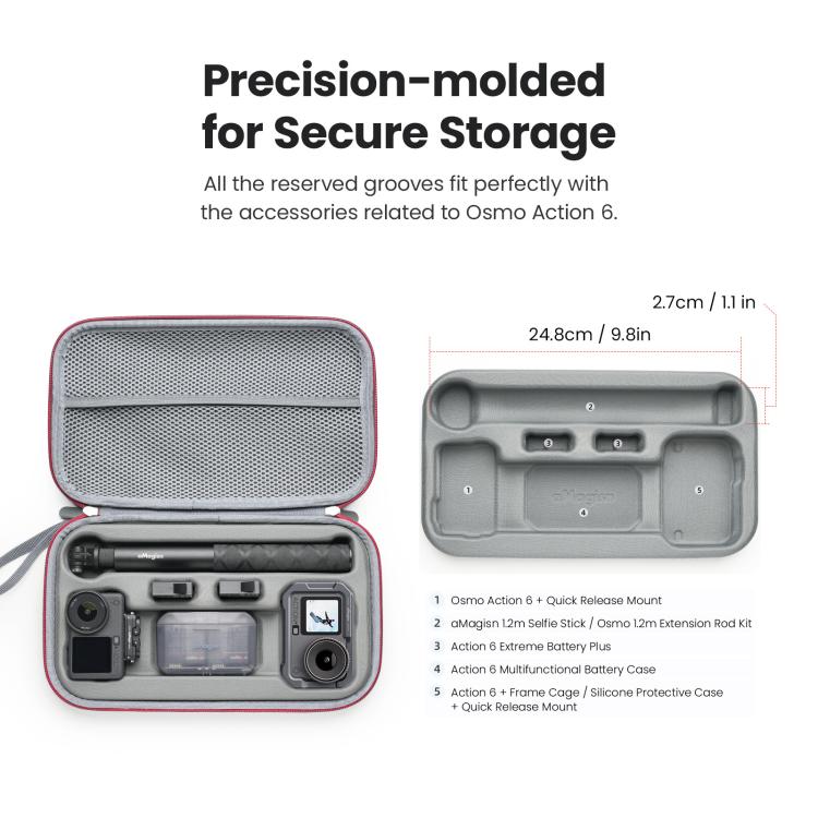 For DJI Osmo Action 6 aMagisn Medium Hard Shell Carrying Case with Removable Foam Insert - Gray