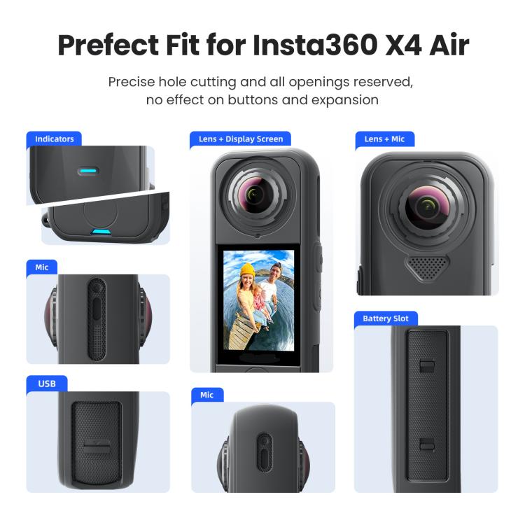 For Insta360 X4 Air Camera aMagisn Silicone Case & Lens Cap Black