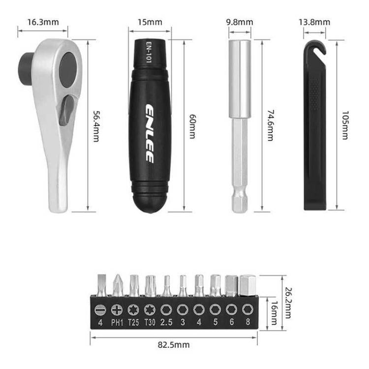 ENLEE 10pcs Bike Ratchet Wrench Repair Kit Multi-Functional Tire Repair Emergency Tool Set - Black