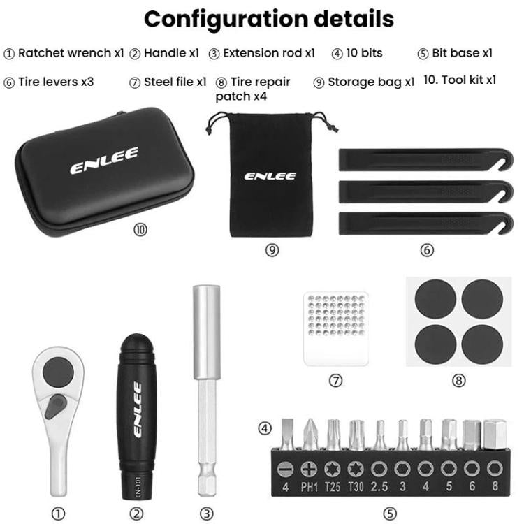ENLEE 10pcs Bike Ratchet Wrench Repair Kit Multi-Functional Tire Repair Emergency Tool Set - Black