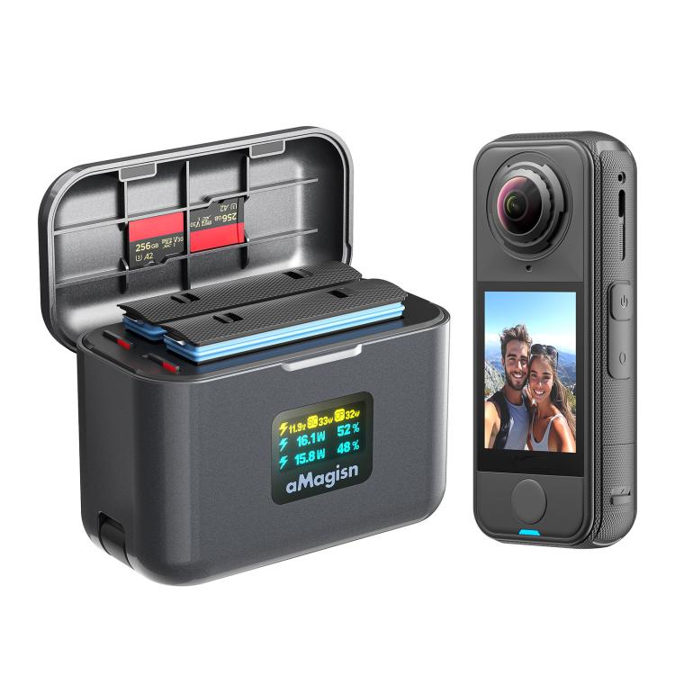 For Insta360 X4 Air Battery aMagisn 36W Fast Charging Case with Color Display & Built-in USB-C Cable - Black