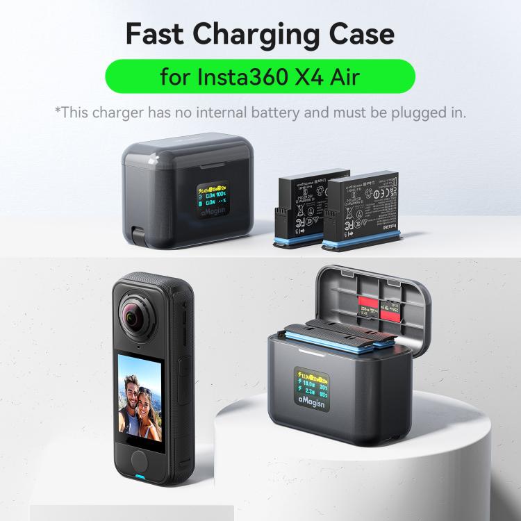 For Insta360 X4 Air Battery aMagisn 36W Fast Charging Case with Color Display & Built-in USB-C Cable - Black