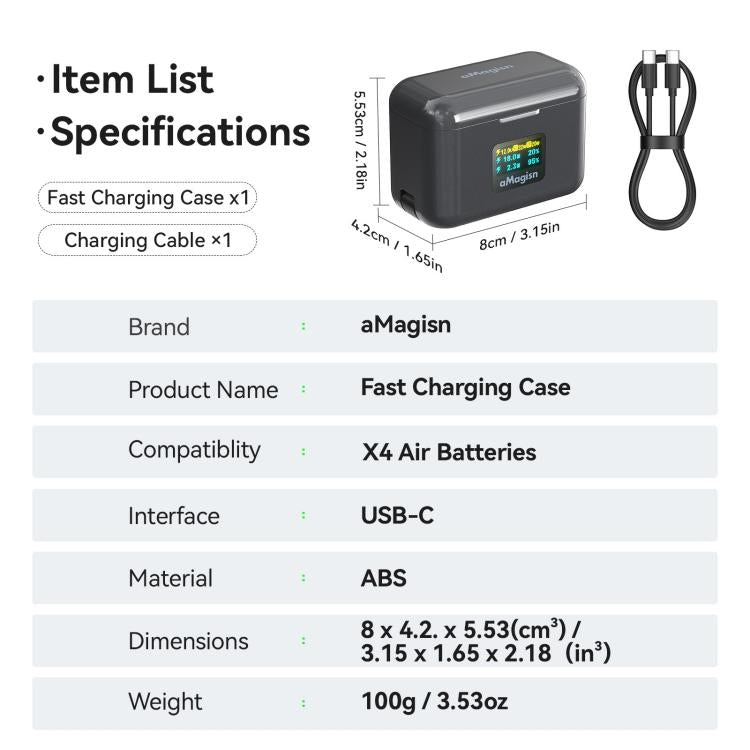 For Insta360 X4 Air Battery aMagisn 36W Fast Charging Case with Color Display & Built-in USB-C Cable - Black