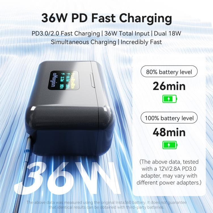 For Insta360 X4 Air Battery aMagisn 36W Fast Charging Case with Color Display & Built-in USB-C Cable - Black