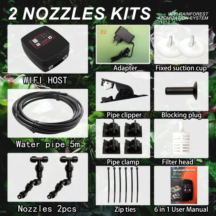 WiFi-Controlled Terrarium Automatic Misting Reptile Enclosure Humidification System, Specification: 2 Nozzle Sets EU Plug - Black