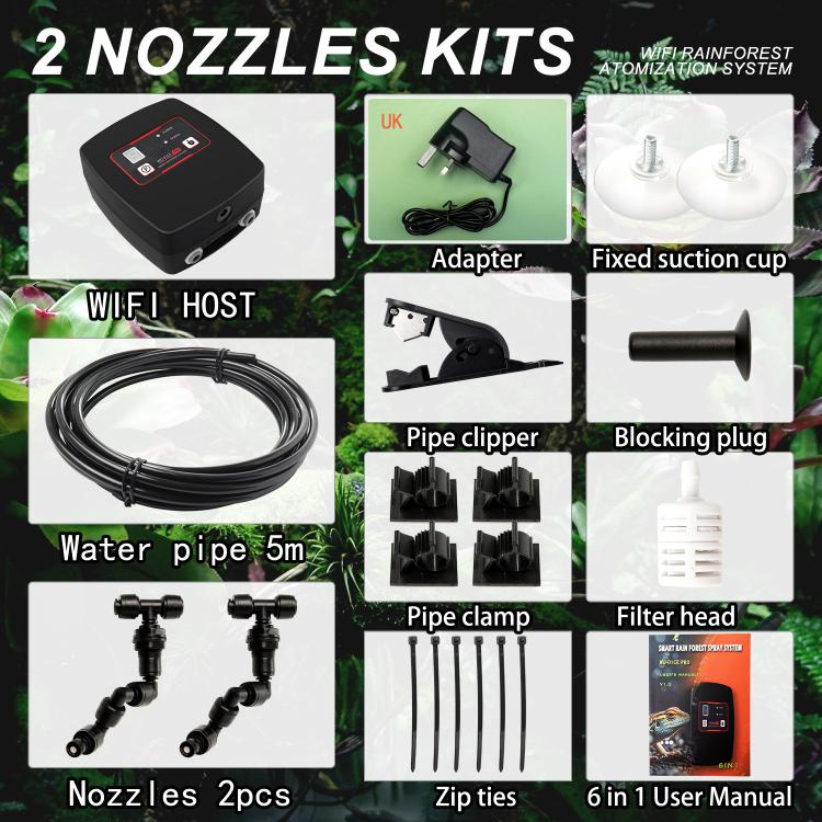 WiFi-Controlled Terrarium Automatic Misting Reptile Enclosure Humidification System, Specification: 2 Nozzle Sets UK Plug - Black