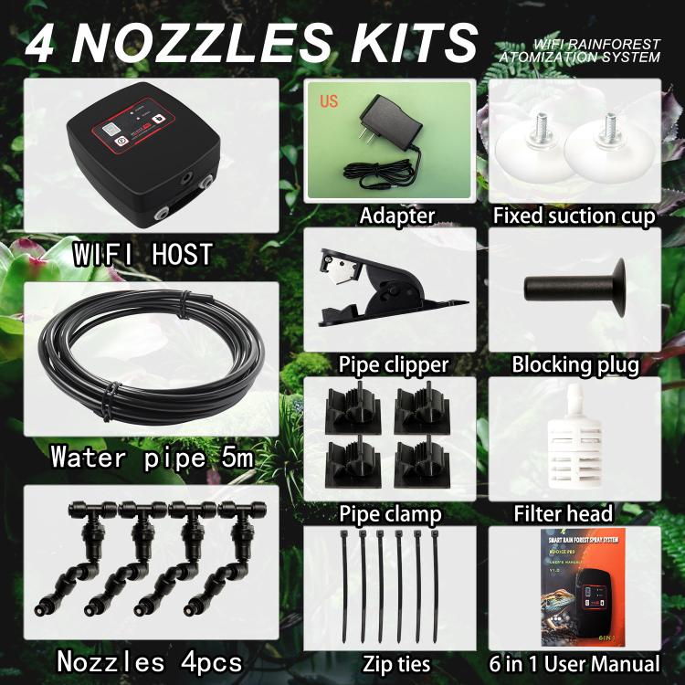 WiFi-Controlled Terrarium Automatic Misting Reptile Enclosure Humidification System, Specification: 4 Nozzle Sets US Plug - Black