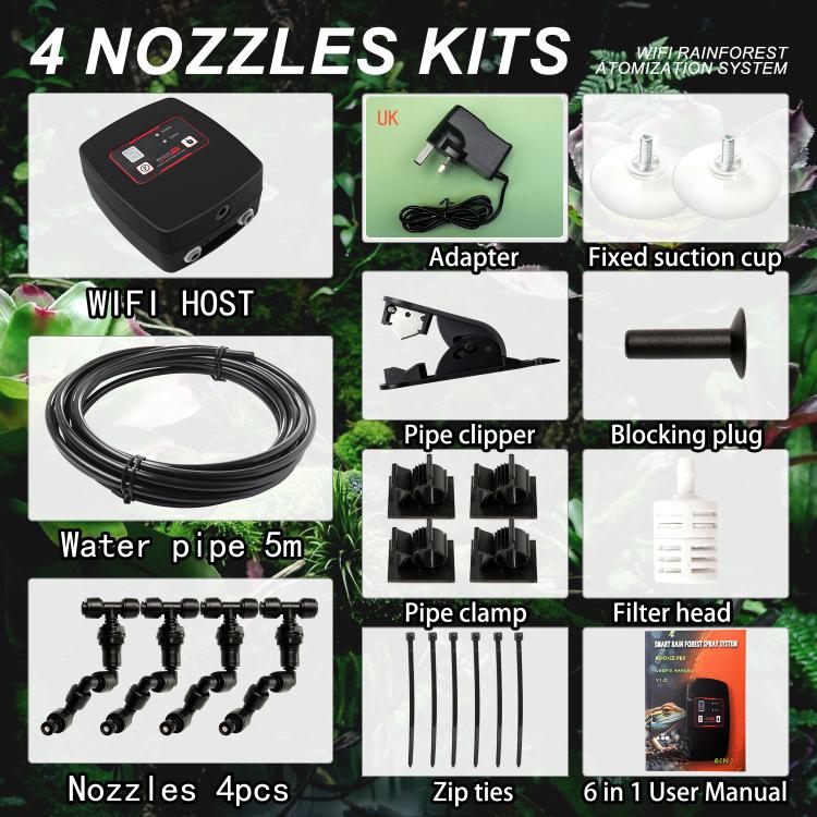 WiFi-Controlled Terrarium Automatic Misting Reptile Enclosure Humidification System, Specification: 4 Nozzle Sets UK Plug - Black