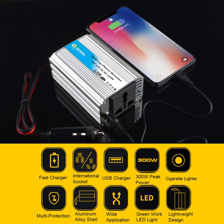 Gurxun 150W Aluminum Alloy Car Power Inverter With Cigarette Lighter, Spec: 12V To 220V
