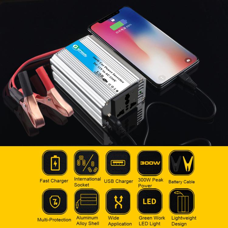 Gurxun 150W Aluminum Alloy Car Power Inverter With Battery Clamps, Spec: 12V To 220V