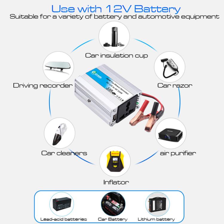 Gurxun 150W Aluminum Alloy Car Power Inverter With Battery Clamps, Spec: 12V To 220V