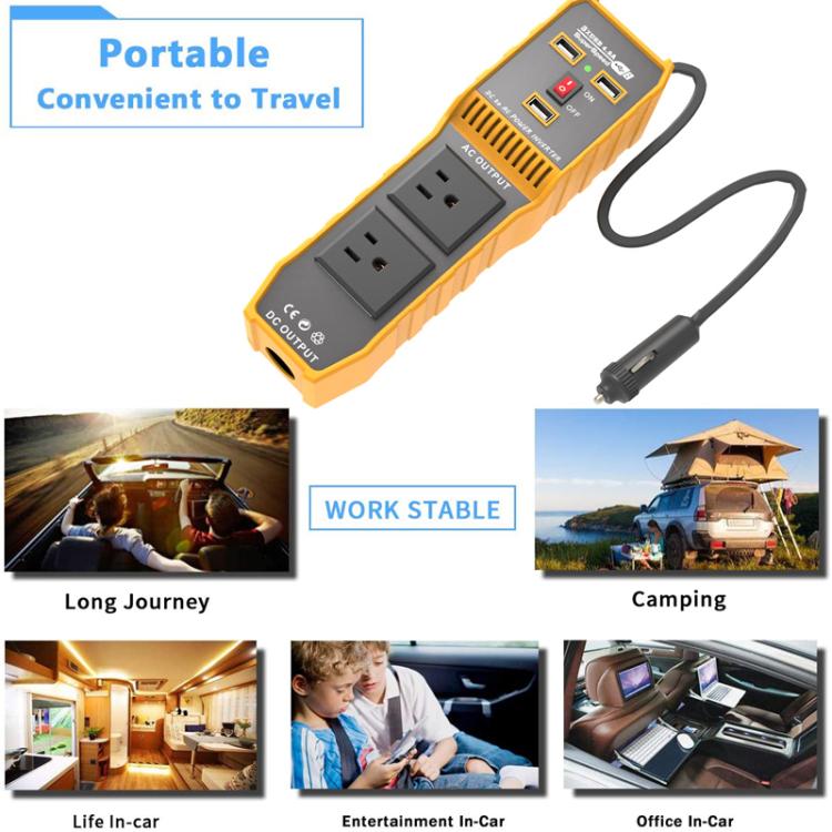 3-USB Dual-Socket Car Power Inverter Vehicle Power Converter US Plug 12V To 110V